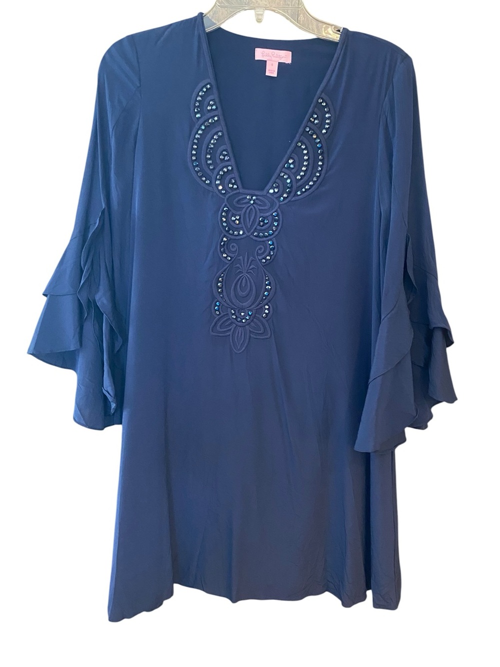 Lily Pulitzer Sz S Navy Blue Tatiana Classic Ruffled Sleeves Tunic Silk Dress